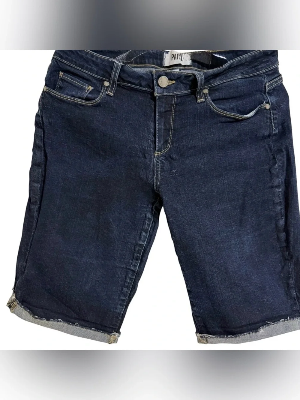 PAIGE Women’s Bermuda Denim Short Size 29 Dark Wash Stretch Cuffed Raw Hem Jorts